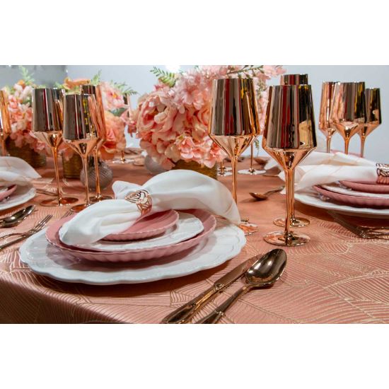 Reflection rose gold champagne flute with metallic mirrored finish and slender stem, luxury event glassware for weddings and toasts, racks of 36.