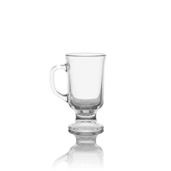 Clear Irish coffee mug with handle and footed base, classic glass drinkware for coffee cocktails, events, and dessert service.