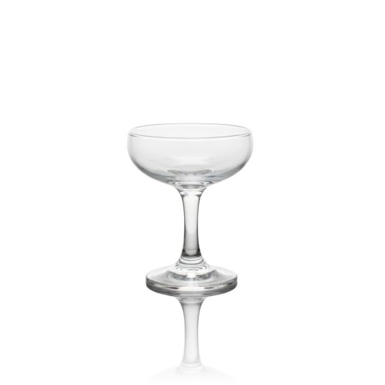 Clear margarita glass with wide coupe bowl and short stem, cocktail glassware for events and bar setups, rack of 25.