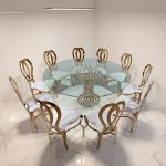 48″ round Lilou Reflection dining table with clear glass top and gold metal frame, ideal for luxury event dining and reception décor.