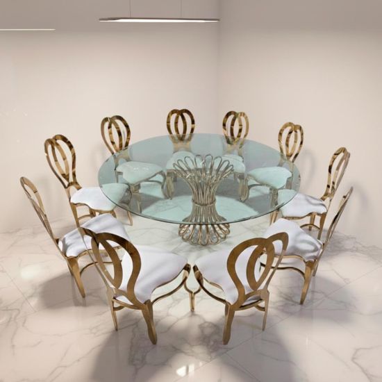 48″ round Lilou Reflection dining table with clear glass top and gold metal frame, ideal for luxury event dining and reception décor.