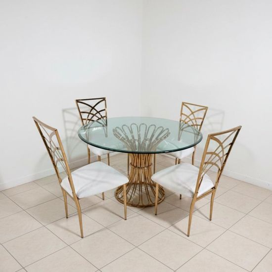 48″ round Lilou Reflection dining table with clear glass top and gold metal frame, ideal for luxury event dining and reception décor.