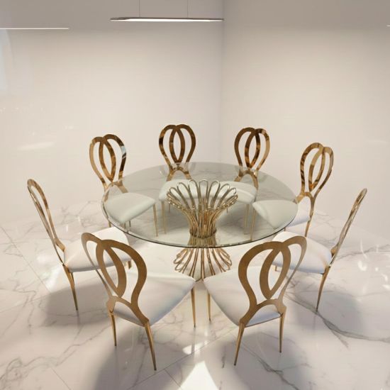 48″ round Lilou Reflection dining table with clear glass top and gold metal frame, ideal for luxury event dining and reception décor.