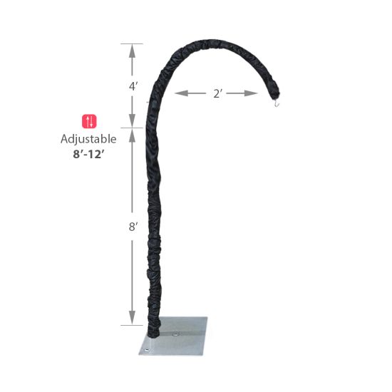 Chandelier hanger and coupler stand with black fabric cover, curved top support for hanging décor and lighting.