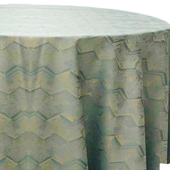 Aqua blue Zig Zag metallic patterned round event tablecloth with bold geometric design for weddings and upscale party décor