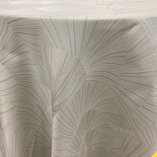Natural beige Abanico geometric patterned round event tablecloth with fan-inspired design for weddings, showers, and upscale party décor