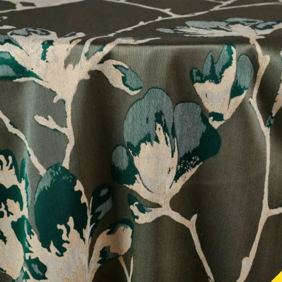 Emerald green Aria textured round event tablecloth with subtle pattern for weddings, receptions, showers, and upscale party décor