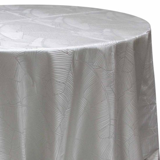 Palmera White textured white round tablecloth with subtle woven pattern for elegant wedding and event table décor rental