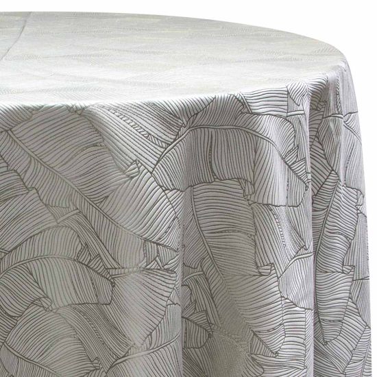 Palmera neutral textured round tablecloth with subtle woven geometric botanical pattern for elegant wedding and event table décor rental