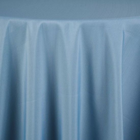 Petite France Cornflower soft cornflower blue round tablecloth with smooth linen drape for elegant wedding and event table décor rental