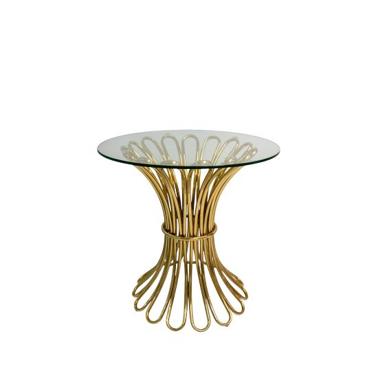 Gold Lilou cocktail table 30″ diameter × 30.5″ high with rope-pattern stainless steel base and sleek circular top, perfect for upscale event lounge décor
