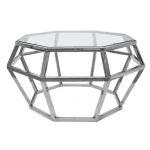 Silver stainless‐steel Reflection Gem coffee table with geometric open-metal base and clear glass top, 20″ × 20″ × 16″ modern event lounge piece