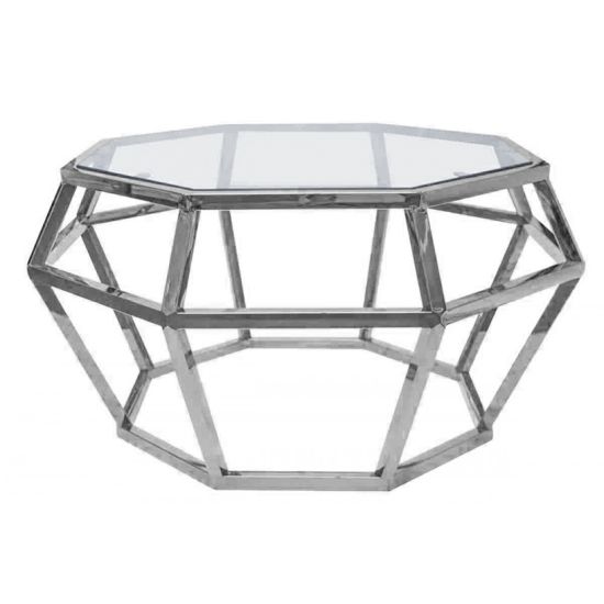 Silver stainless‐steel Reflection Gem coffee table with geometric open-metal base and clear glass top, 20″ × 20″ × 16″ modern event lounge piece