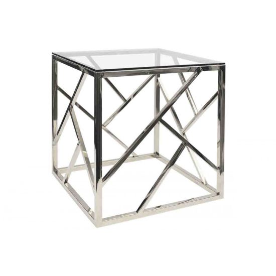Silver stainless-steel Reflection Web coffee table with open lattice web-style base and sleek top, designed for modern event lounge décor