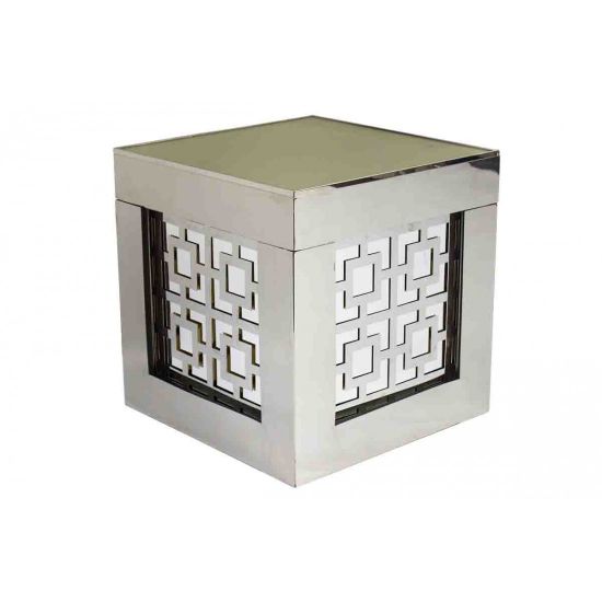 Silver metallic modern Reflection ottoman 24″ × 24″ × 18″ with minimalist square form and polished finish for upscale event lounge décor