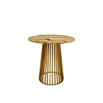 Gold stainless-steel Reflection Bohemian cocktail table with slender rod base and 30″ diameter round top, ideal for modern lounge event décor