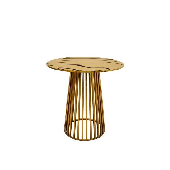Gold stainless-steel Reflection Bohemian cocktail table with slender rod base and 30″ diameter round top, ideal for modern lounge event décor