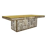Gold Art Deco dining table 48″ × 96″ with rectangular mirrored top and bold geometric base, perfect for luxury event dining and upscale receptions