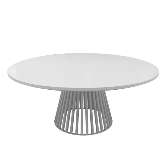 72" Bohemian round dining table with white top and white base, ideal for decorating bohemian-style dining rooms and reception areas.