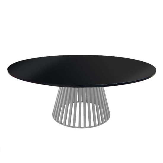 “72″ round Bohemian dining table with black wood top and matching white base, ideal for modern event dining and reception décor.