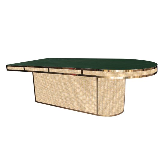 48"x96"  Coco oval dining table with Emerald Green tabletop and modern gold edge, ideal for contemporary dining room and reception room décor.