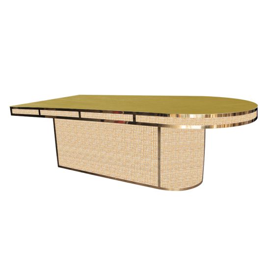 48"x96"  Coco oval dining table with Gold tabletop and modern gold edge, ideal for contemporary dining room and reception room décor.