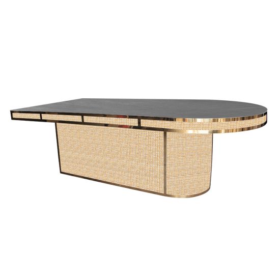 48"x96"  Coco oval dining table with Silver tabletop and modern gold edge, ideal for contemporary dining room and reception room décor.