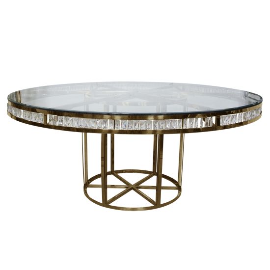 “72″ round Crystal Tear dining table with clear glass top and gold crystal-inspired base, ideal for luxury event dining décor.