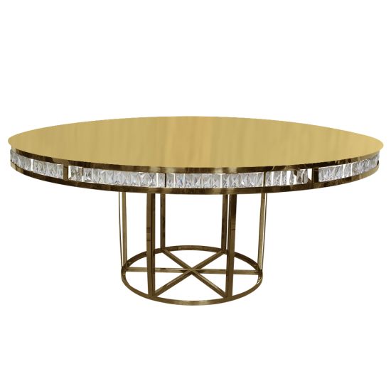 “72″ round Crystal Tear dining table with mirrored top and gold crystal-inspired base, ideal for luxury event dining décor.