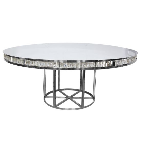 “72″ round Crystal Tear dining table with white acrylic top and silver crystal-inspired base, ideal for luxury event dining décor.