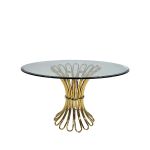 48″ round Lilou Reflection dining table with clear glass top and gold metal frame, ideal for luxury event dining and reception décor.