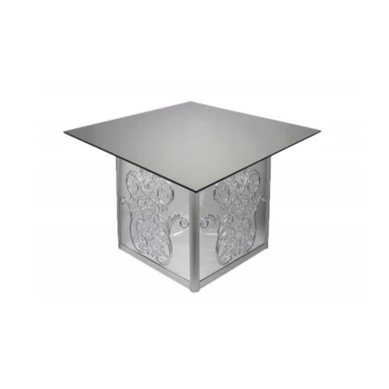60x60" square Mirror Dior dining table with reflective mirrored top and elegant base, ideal for luxury event dining and reception décor.