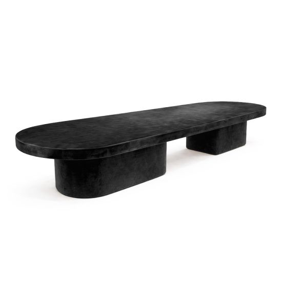 16-foot oval blackout dining table in matte black finish with rounded top and dual curved pedestal base for luxury events