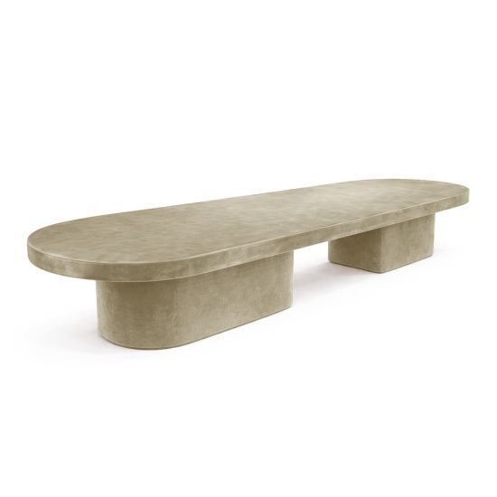 16-foot oval blackout dining table in matte Champagne finish with rounded top and dual curved pedestal base for luxury events