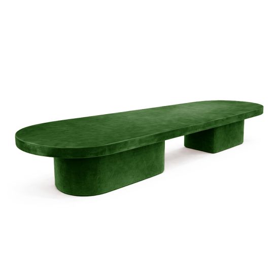 16-foot oval blackout dining table in matte Emerald Green finish with rounded top and dual curved pedestal base for luxury events
