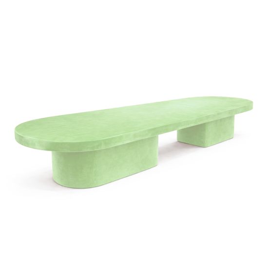 16-foot oval blackout dining table in matte Mint finish with rounded top and dual curved pedestal base for luxury events