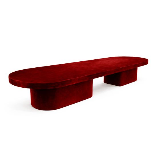 16-foot oval blackout dining table in matte Red finish with rounded top and dual curved pedestal base for luxury events