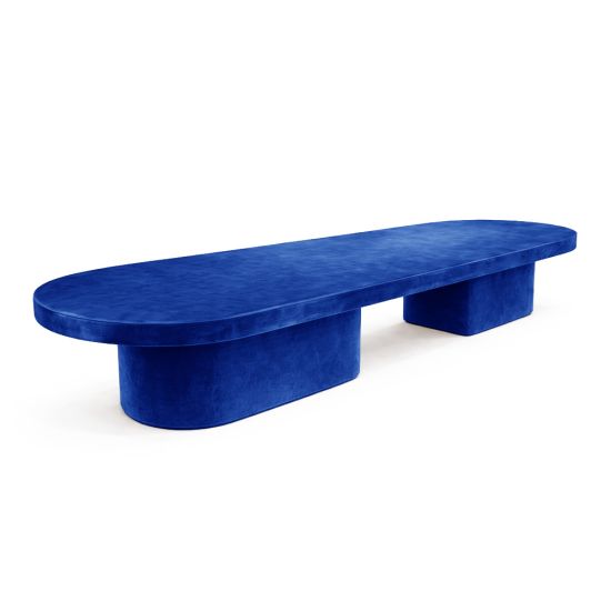 16-foot oval blackout dining table in matte Royal Blue finish with rounded top and dual curved pedestal base for luxury events