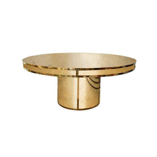 Reflection gold 72-inch round dining table with metallic gold top and pedestal base, glamorous round table for luxury event and wedding rentals.