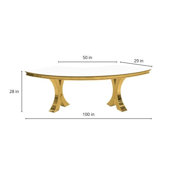 Reflection Serpentine gold table with white curved top and gold legs, modern serpentine dining table for upscale event styling and rentals.