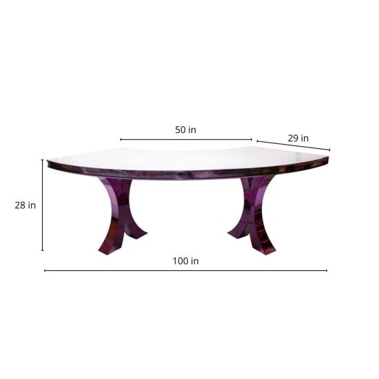 Reflection Serpentine purple table with white curved top and purple legs, sleek serpentine dining table for weddings, galas, and event rentals.