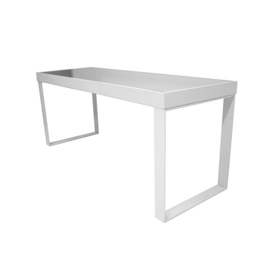 White stainless-steel U-shaped Reflection dining table 72″ L × 24″ W × 30″ H with sleek modern base, perfect for luxe event reception layouts