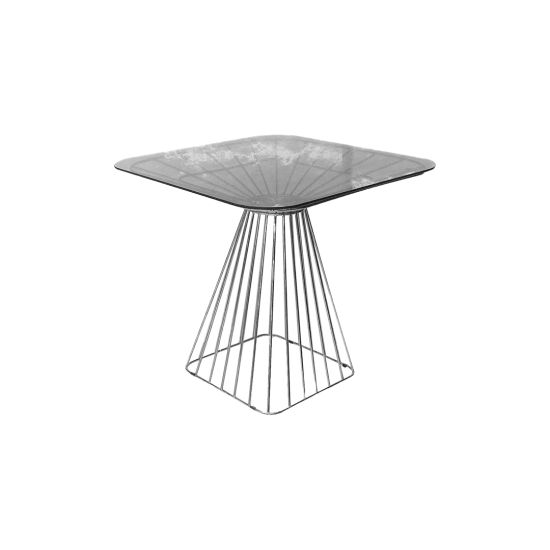 Silver wire frame low boy table with stainless-steel modern base and flat top, ideal for contemporary event lounge décor