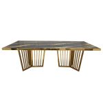 Geneva Reflection dining table with gold metal frame and black marble-look acrylic top with gold veining, glossy rectangular tabletop for events.