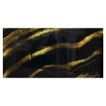 Geneva Reflection dining table with gold metal frame and black marble-look acrylic top with gold veining, glossy rectangular tabletop for events.