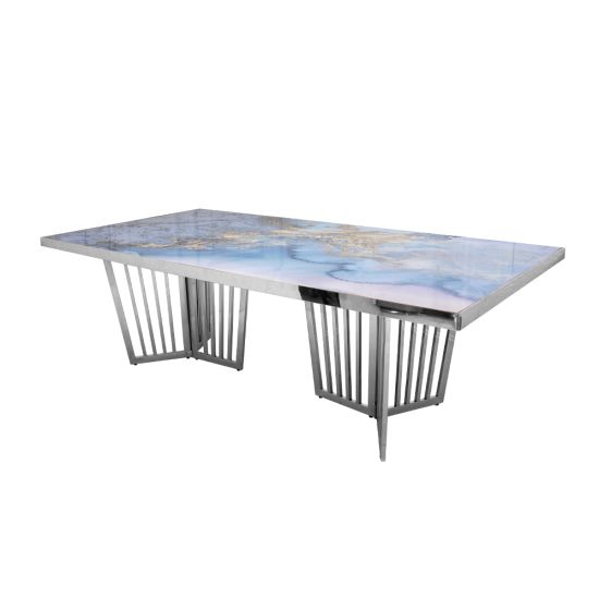 Lucerne Reflection dining table with silver metal frame and blue marbled acrylic top, sleek rectangular tabletop and geometric base for luxury event décor.