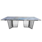 Lucerne Reflection dining table with silver metal frame and blue marbled acrylic top, sleek rectangular tabletop and geometric base for luxury event décor.