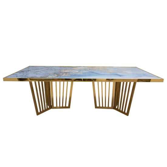 Lucerne Reflection dining table with gold metal frame and blue marbled acrylic top, glossy rectangular tabletop and sculptural base for upscale events.