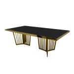 Varona Reflection dining table with gold metal frame and black acrylic top, featuring a sleek rectangular surface and sculptural base for luxury events.