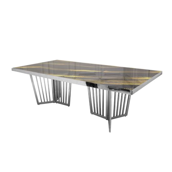 Geneva Reflection dining table with silver metal frame and black marble-look acrylic top with gold veining, sleek rectangular surface for luxury event décor.